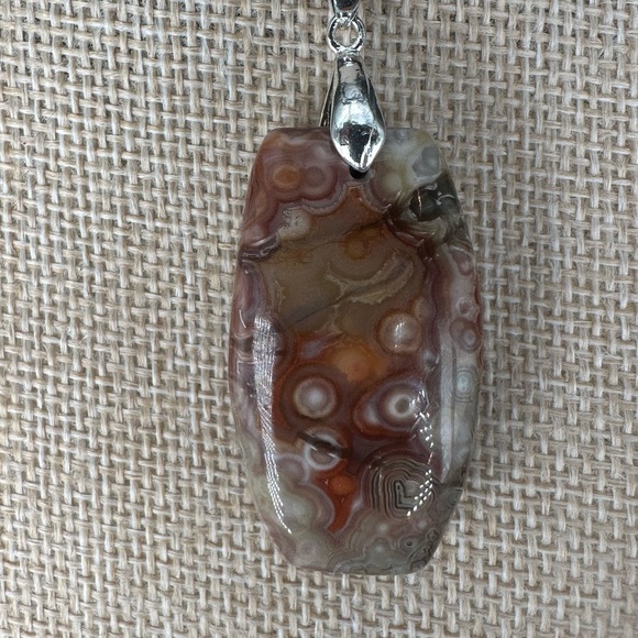 Crazy Lace Agate Laughter Stone Pendant Necklace on Black Satin Rope - Picture 11 of 14